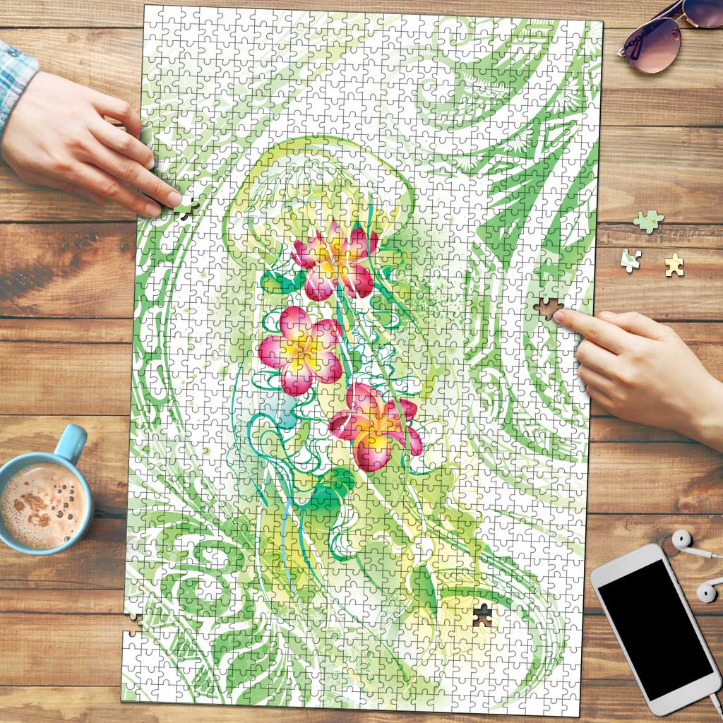 Summer Green Polynesian Jellyfish Puzzle Watercolor Glows - Polynesian Pride