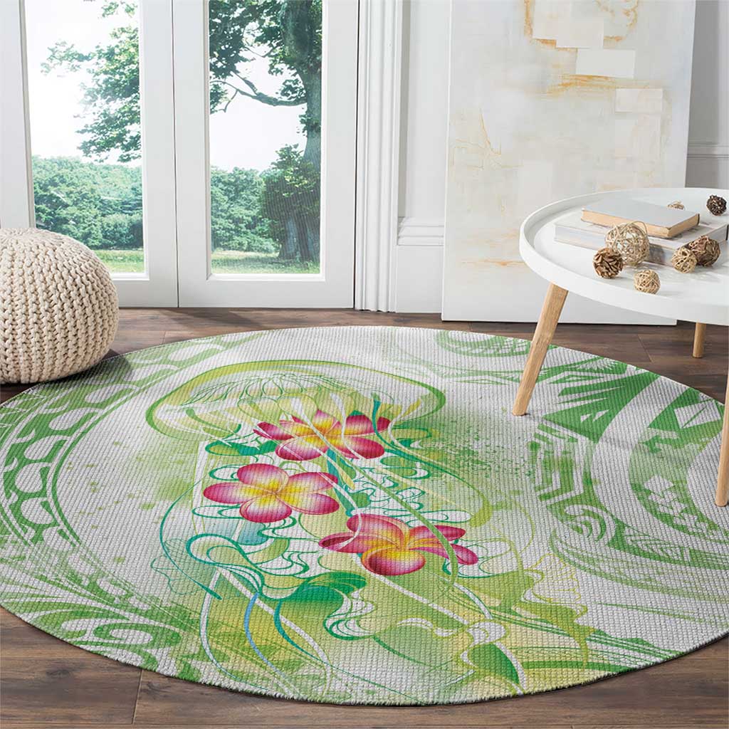 Summer Green Polynesian Jellyfish Round Carpet Watercolor Glows - Polynesian Pride