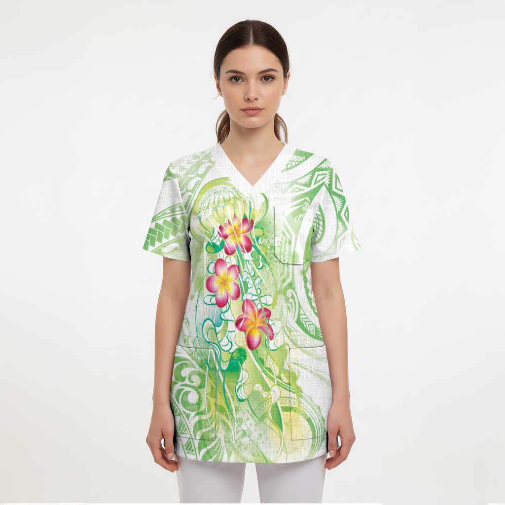 Summer Green Polynesian Jellyfish Scrub Top Watercolor Glows - Polynesian Pride