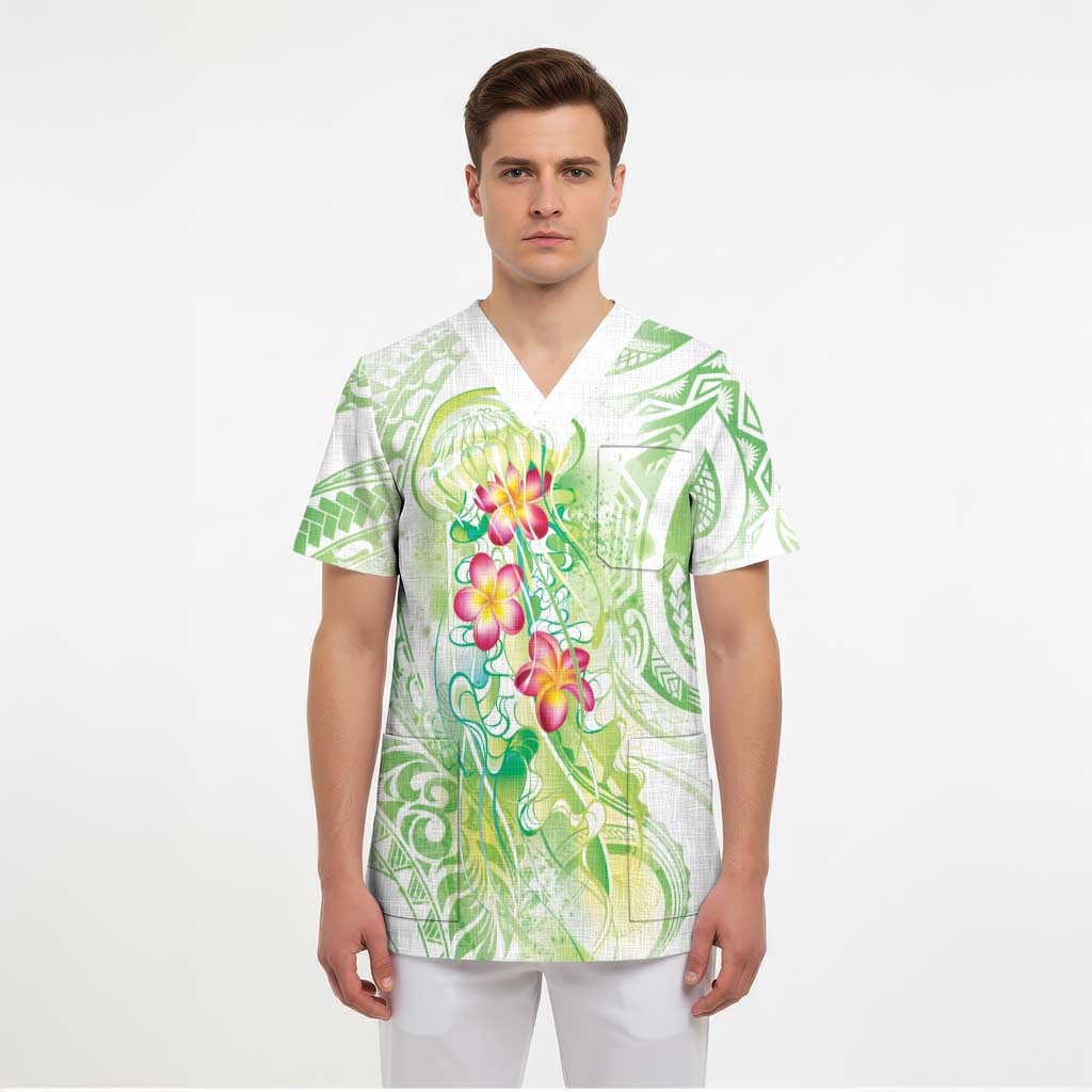 Summer Green Polynesian Jellyfish Scrub Top Watercolor Glows - Polynesian Pride