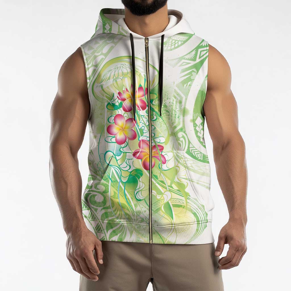 Summer Green Polynesian Jellyfish Sleeveless Zip Hoodie Watercolor Glows - Polynesian Pride