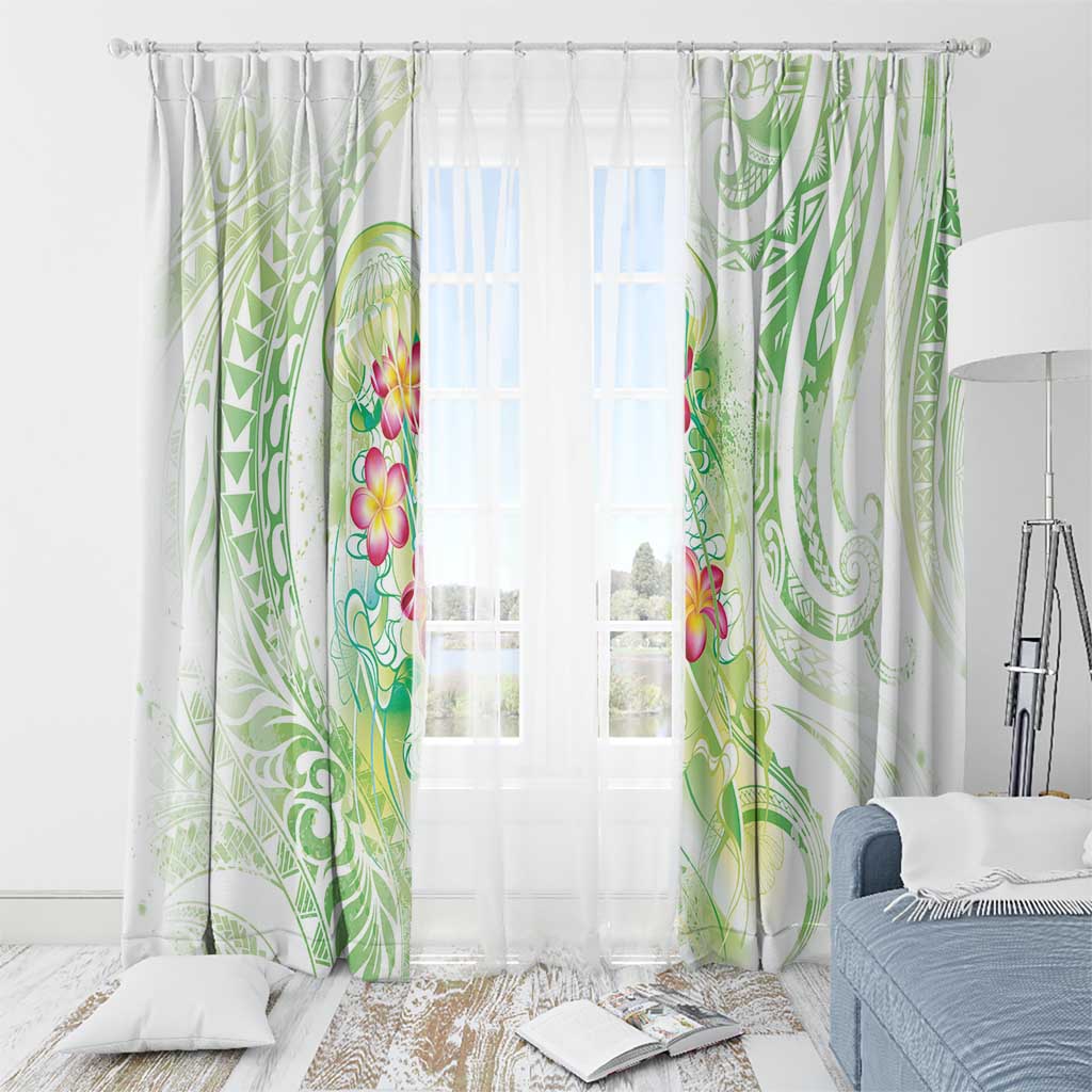 Summer Green Polynesian Jellyfish Window Curtain Watercolor Glows - Polynesian Pride