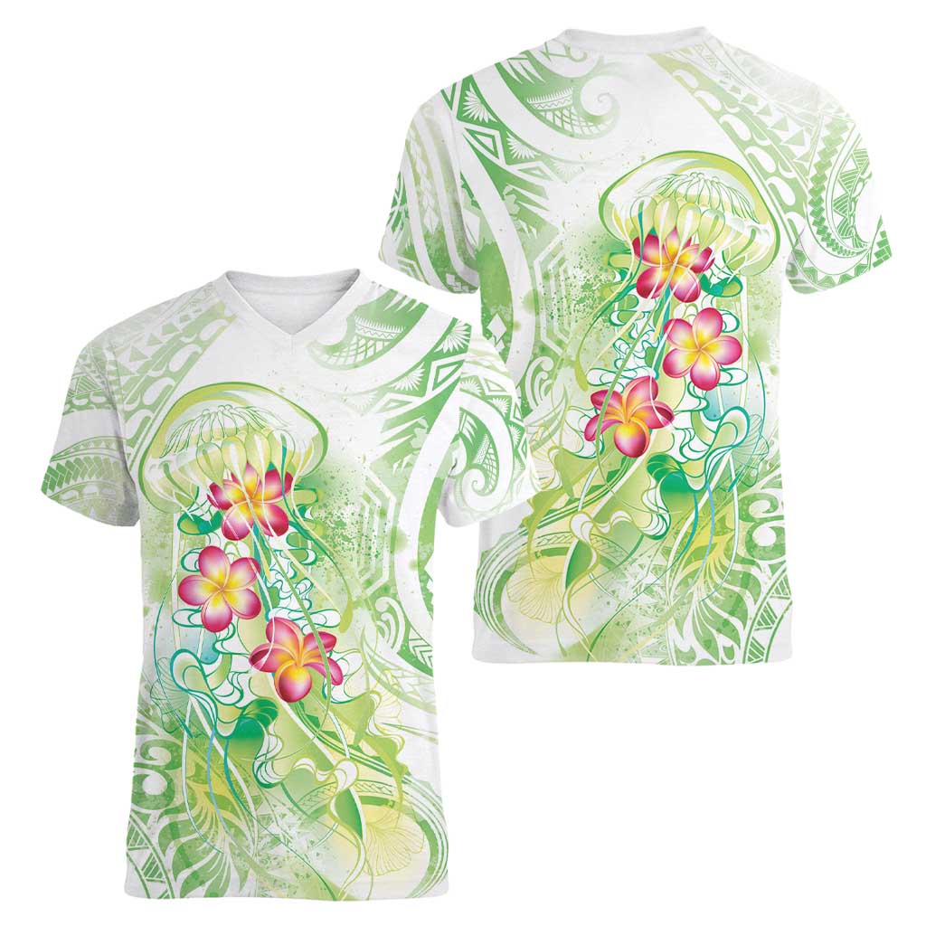 Summer Green Polynesian Jellyfish Women V-Neck T-Shirt Watercolor Glows - Polynesian Pride