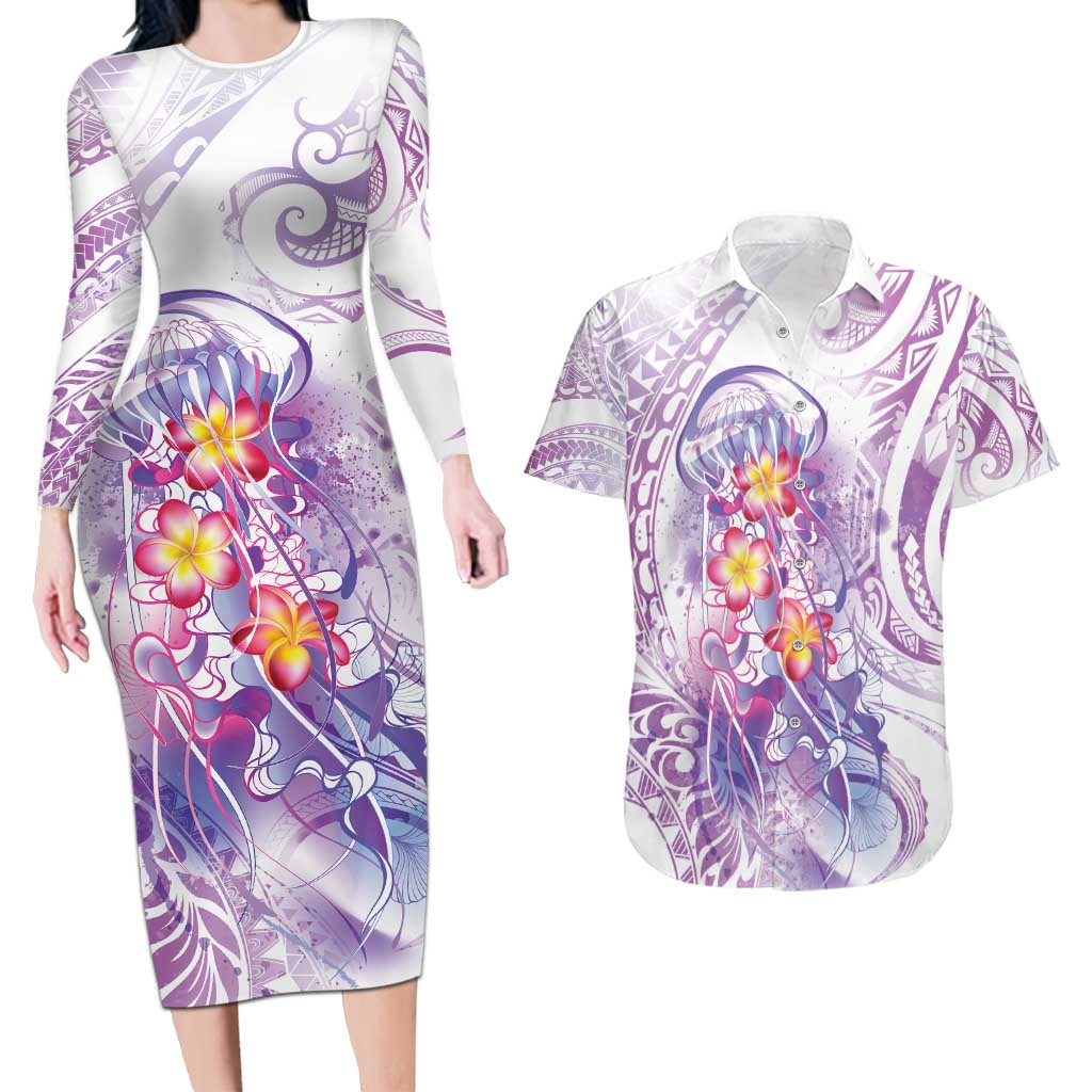 Lavender Polynesian Jellyfish Couples Matching Long Sleeve Bodycon Dress and Hawaiian Shirt Watercolor Glows - Polynesian Pride
