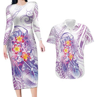 Lavender Polynesian Jellyfish Couples Matching Long Sleeve Bodycon Dress and Hawaiian Shirt Watercolor Glows - Polynesian Pride