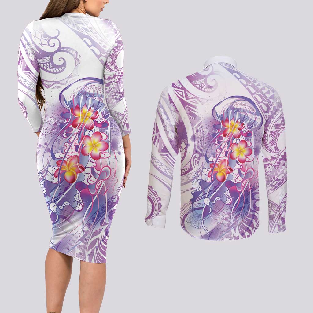 Lavender Polynesian Jellyfish Couples Matching Long Sleeve Bodycon Dress and Long Sleeve Button Shirt Watercolor Glows - Polynesian Pride