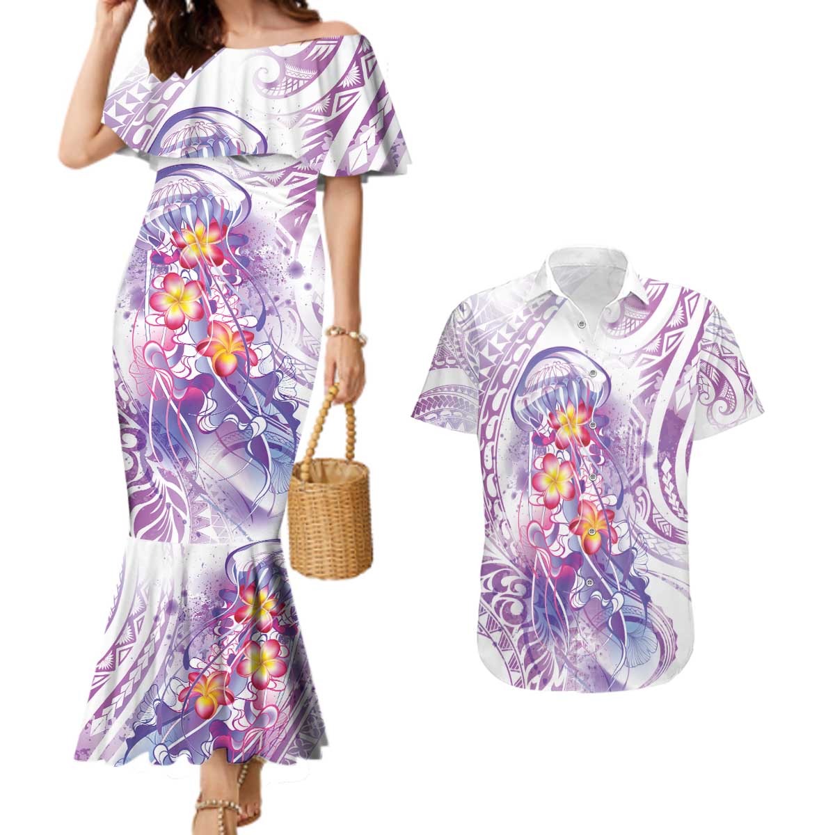 Lavender Polynesian Jellyfish Couples Matching Mermaid Dress and Hawaiian Shirt Watercolor Glows - Polynesian Pride