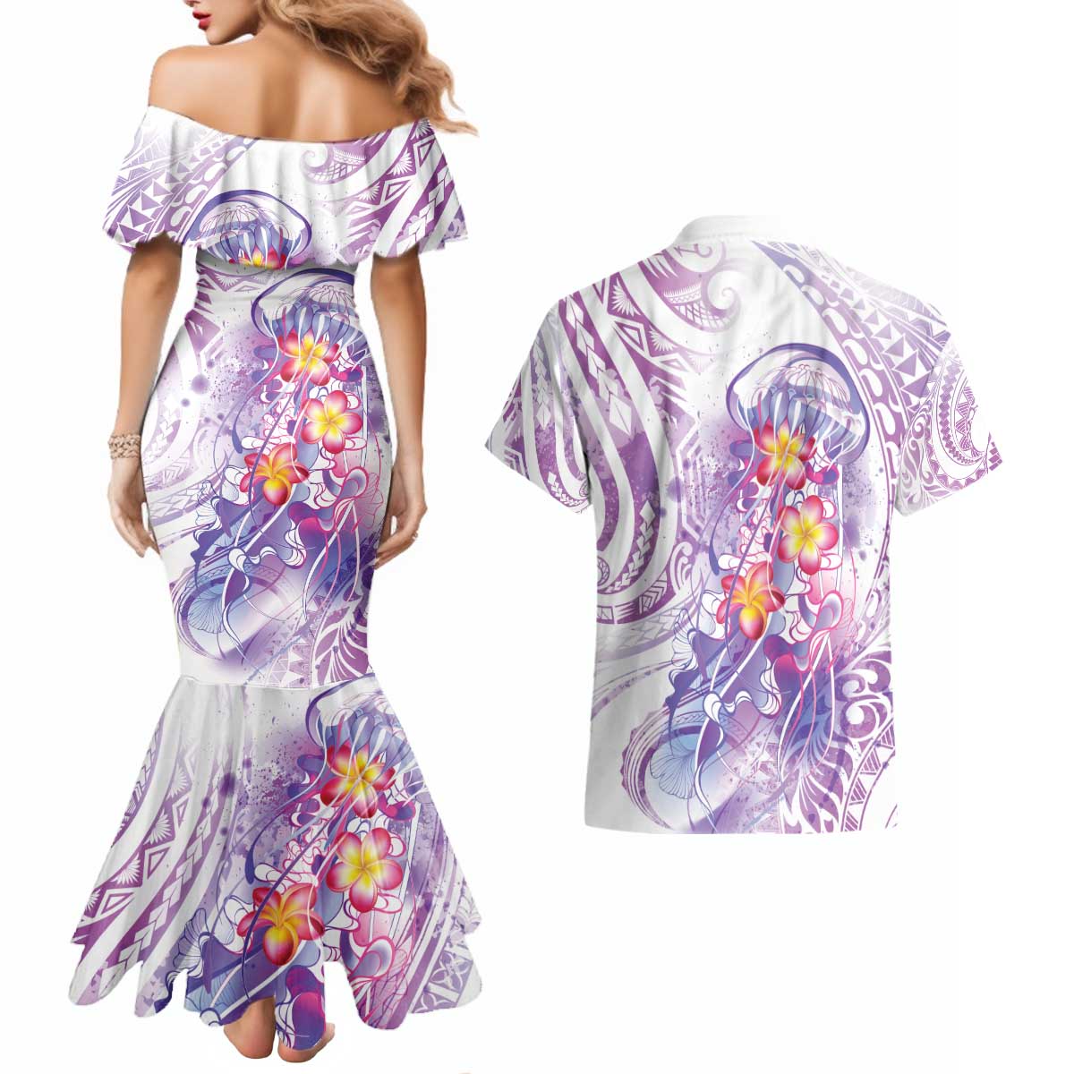 Lavender Polynesian Jellyfish Couples Matching Mermaid Dress and Hawaiian Shirt Watercolor Glows - Polynesian Pride