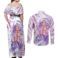 Lavender Polynesian Jellyfish Couples Matching Off Shoulder Maxi Dress and Long Sleeve Button Shirt Watercolor Glows - Polynesian Pride