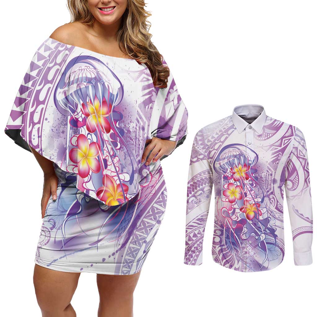Lavender Polynesian Jellyfish Couples Matching Off Shoulder Short Dress and Long Sleeve Button Shirt Watercolor Glows - Polynesian Pride