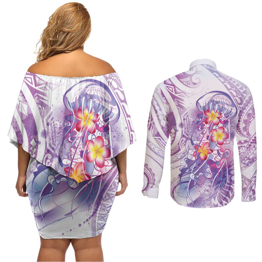 Lavender Polynesian Jellyfish Couples Matching Off Shoulder Short Dress and Long Sleeve Button Shirt Watercolor Glows - Polynesian Pride