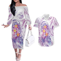 Lavender Polynesian Jellyfish Couples Matching Off The Shoulder Long Sleeve Dress and Hawaiian Shirt Watercolor Glows - Polynesian Pride