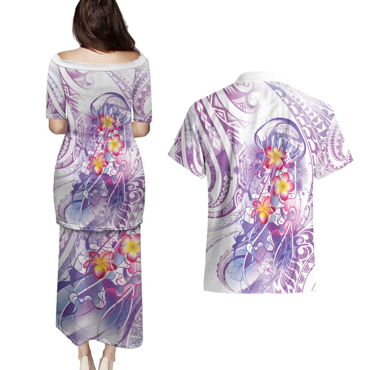 Lavender Polynesian Jellyfish Couples Matching Puletasi and Hawaiian Shirt Watercolor Glows - Polynesian Pride