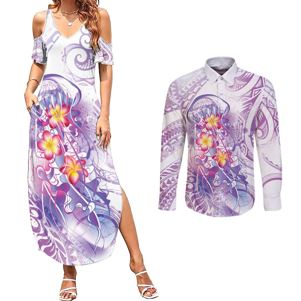 Lavender Polynesian Jellyfish Couples Matching Summer Maxi Dress and Long Sleeve Button Shirt Watercolor Glows - Polynesian Pride