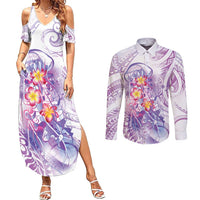 Lavender Polynesian Jellyfish Couples Matching Summer Maxi Dress and Long Sleeve Button Shirt Watercolor Glows - Polynesian Pride