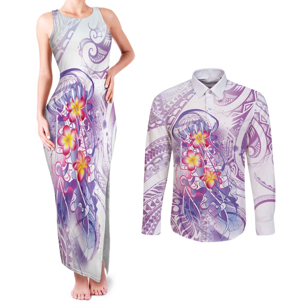 Lavender Polynesian Jellyfish Couples Matching Tank Maxi Dress and Long Sleeve Button Shirt Watercolor Glows - Polynesian Pride