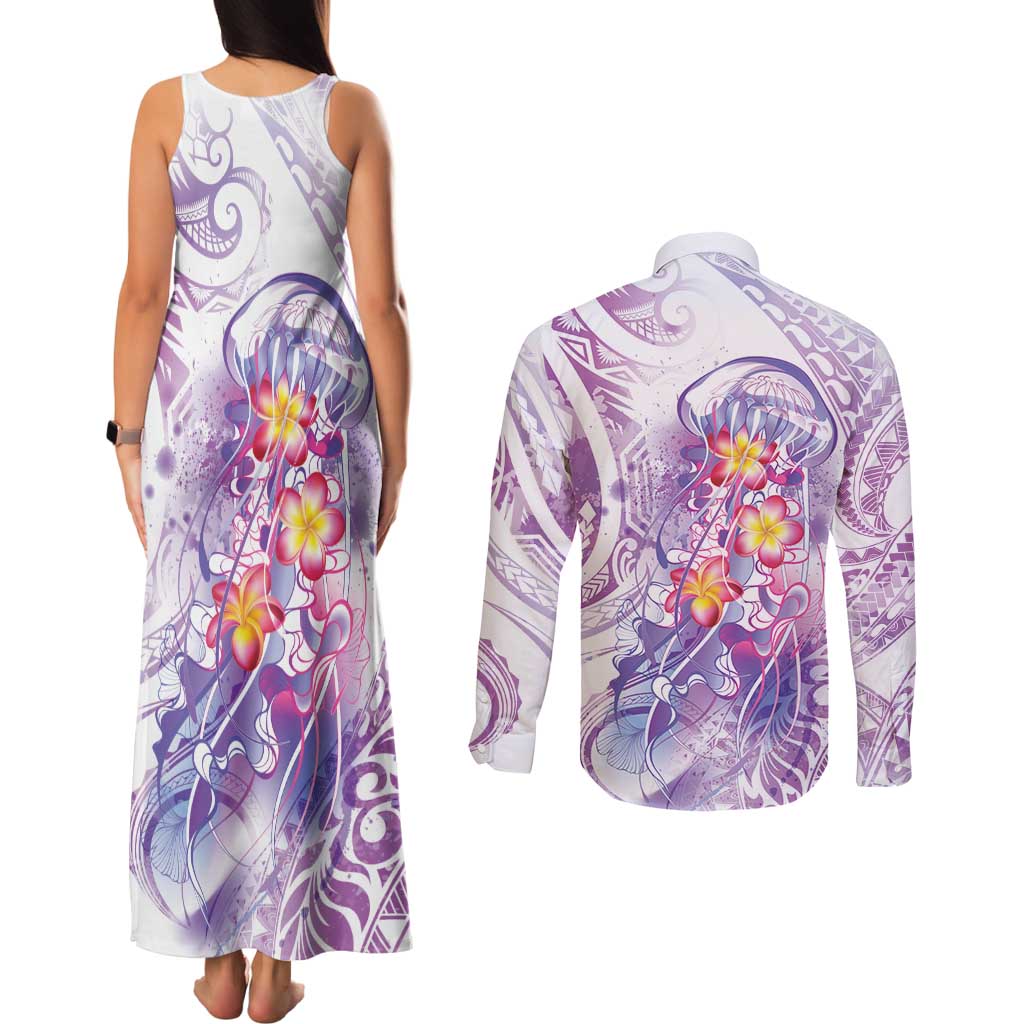Lavender Polynesian Jellyfish Couples Matching Tank Maxi Dress and Long Sleeve Button Shirt Watercolor Glows - Polynesian Pride