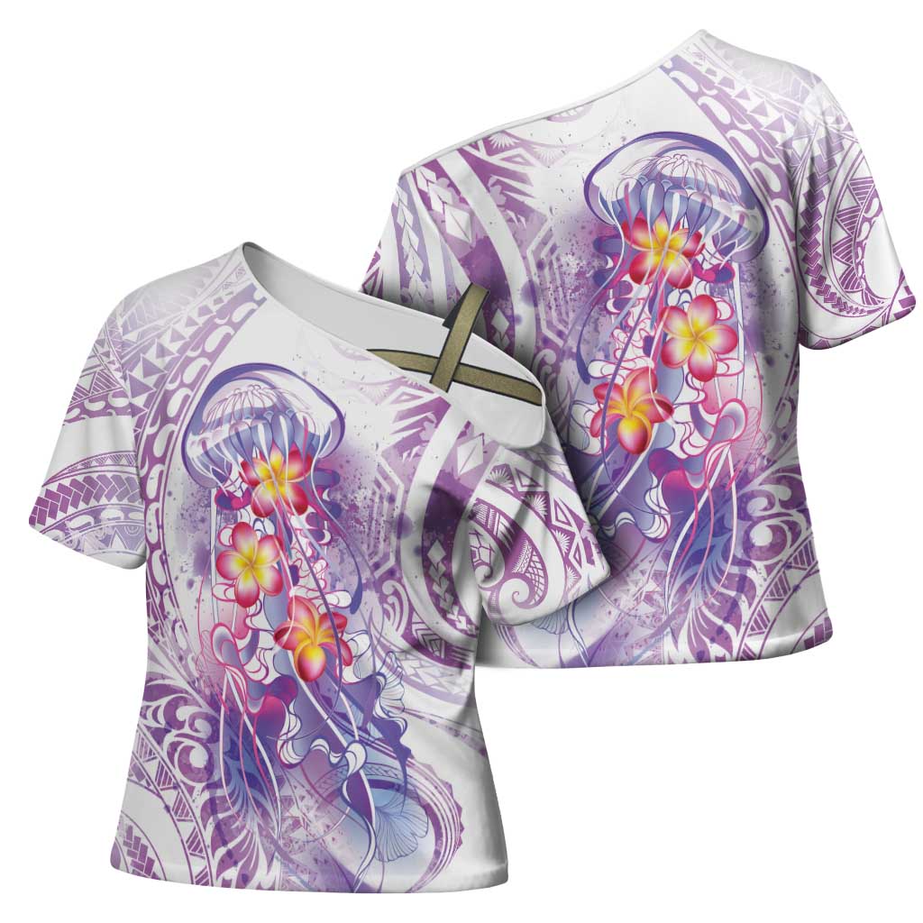 Lavender Polynesian Jellyfish Cross Shoulder Shirt Watercolor Glows - Polynesian Pride
