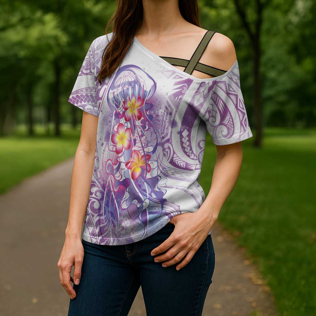 Lavender Polynesian Jellyfish Cross Shoulder Shirt Watercolor Glows - Polynesian Pride