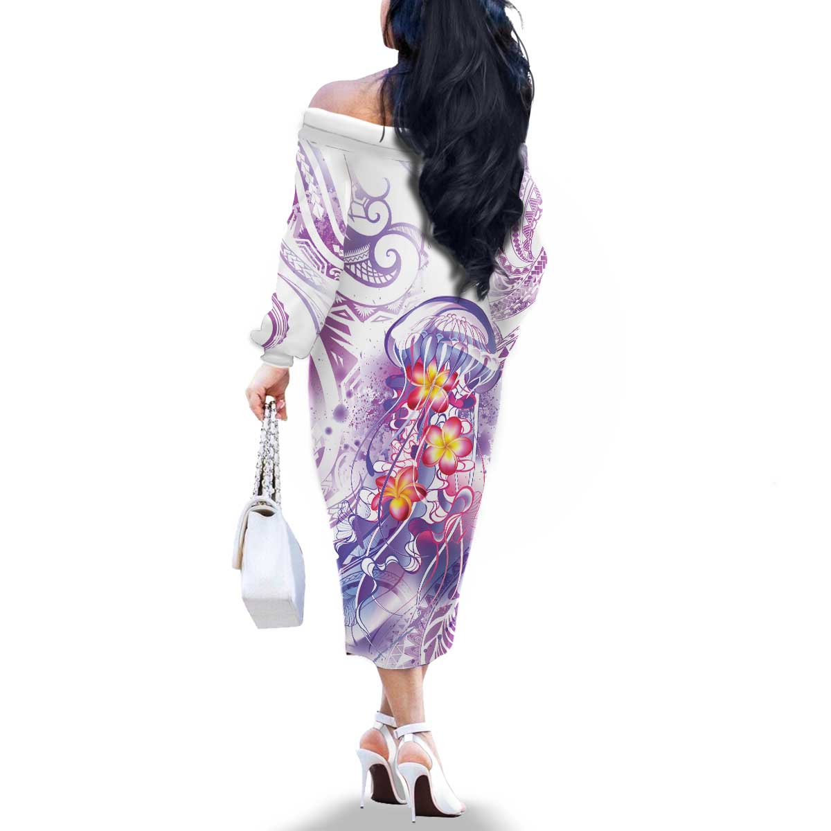 Lavender Polynesian Jellyfish Family Matching Off The Shoulder Long Sleeve Dress and Hawaiian Shirt Watercolor Glows - Polynesian Pride