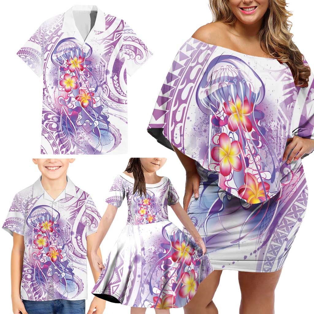 Lavender Polynesian Jellyfish Family Matching Off Shoulder Short Dress and Hawaiian Shirt Watercolor Glows - Polynesian Pride