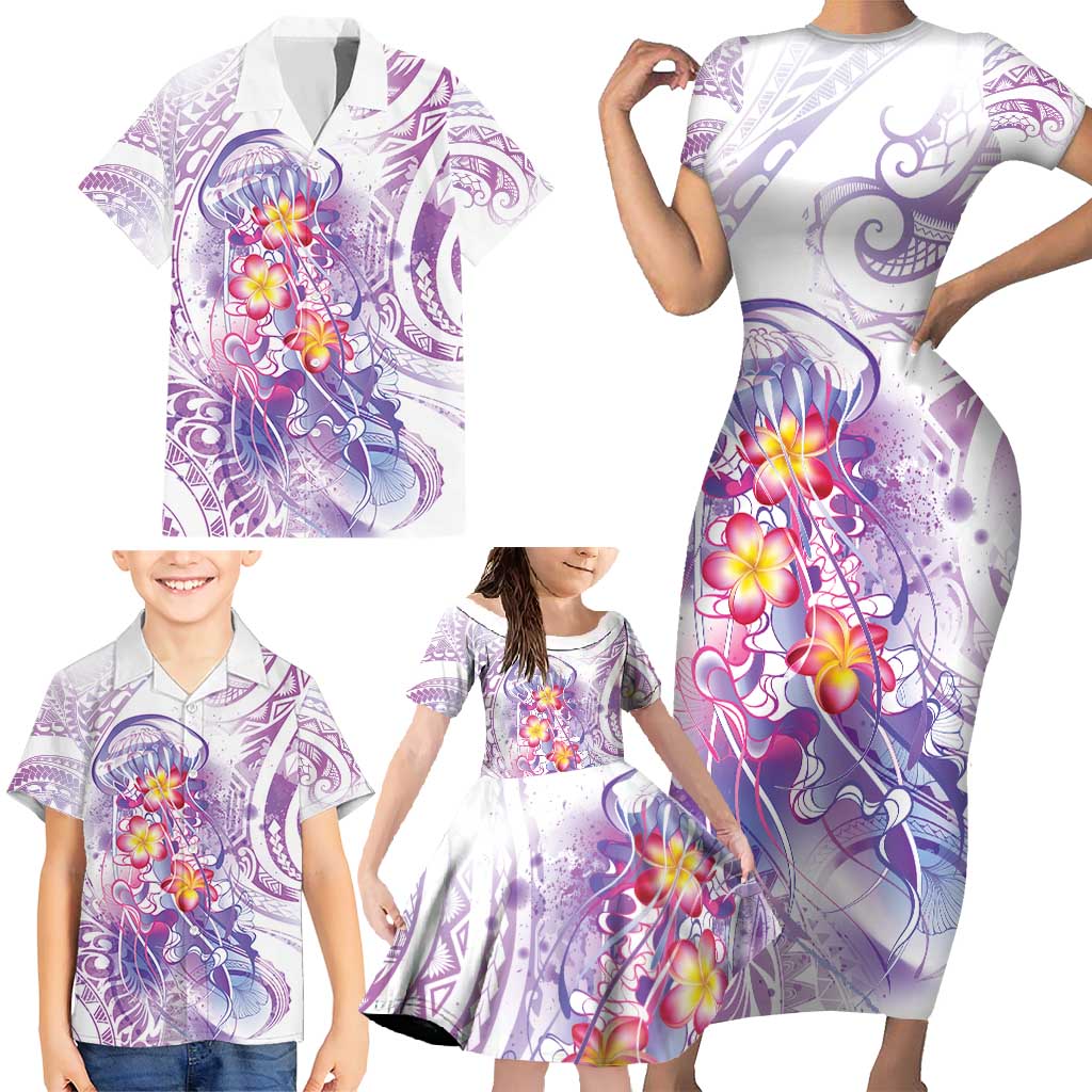 Lavender Polynesian Jellyfish Family Matching Short Sleeve Bodycon Dress and Hawaiian Shirt Watercolor Glows - Polynesian Pride