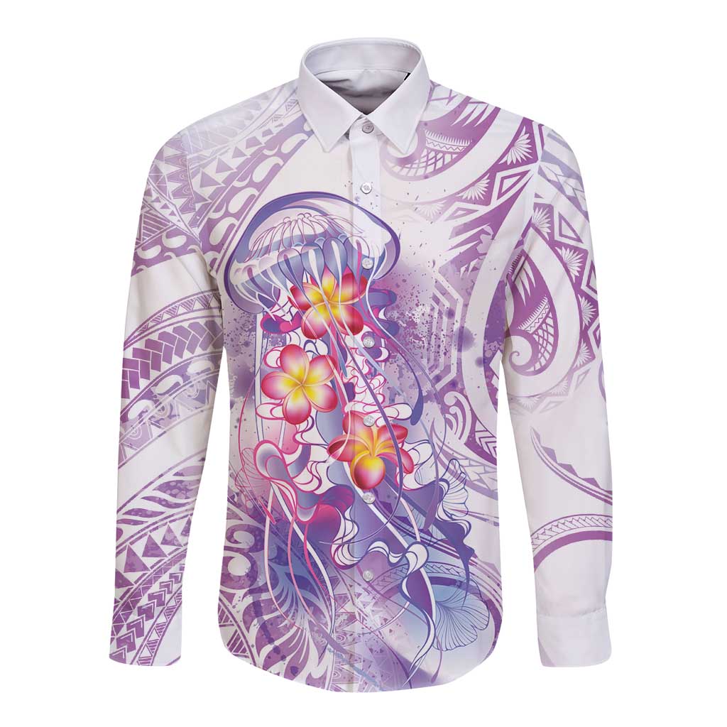 Lavender Polynesian Jellyfish Long Sleeve Button Shirt Watercolor Glows - Polynesian Pride