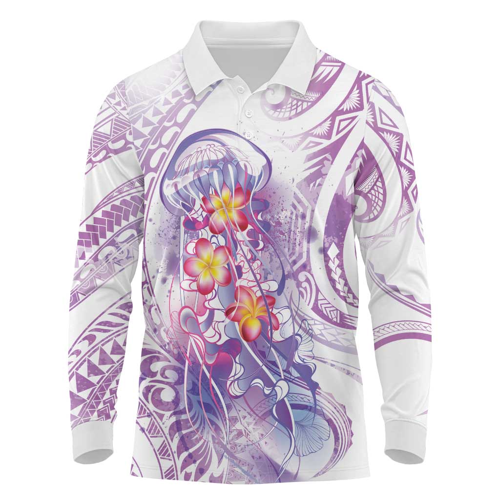 Lavender Polynesian Jellyfish Long Sleeve Polo Shirt Watercolor Glows - Polynesian Pride
