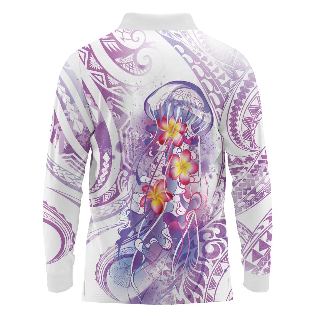 Lavender Polynesian Jellyfish Long Sleeve Polo Shirt Watercolor Glows - Polynesian Pride