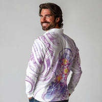 Lavender Polynesian Jellyfish Long Sleeve Polo Shirt Watercolor Glows - Polynesian Pride
