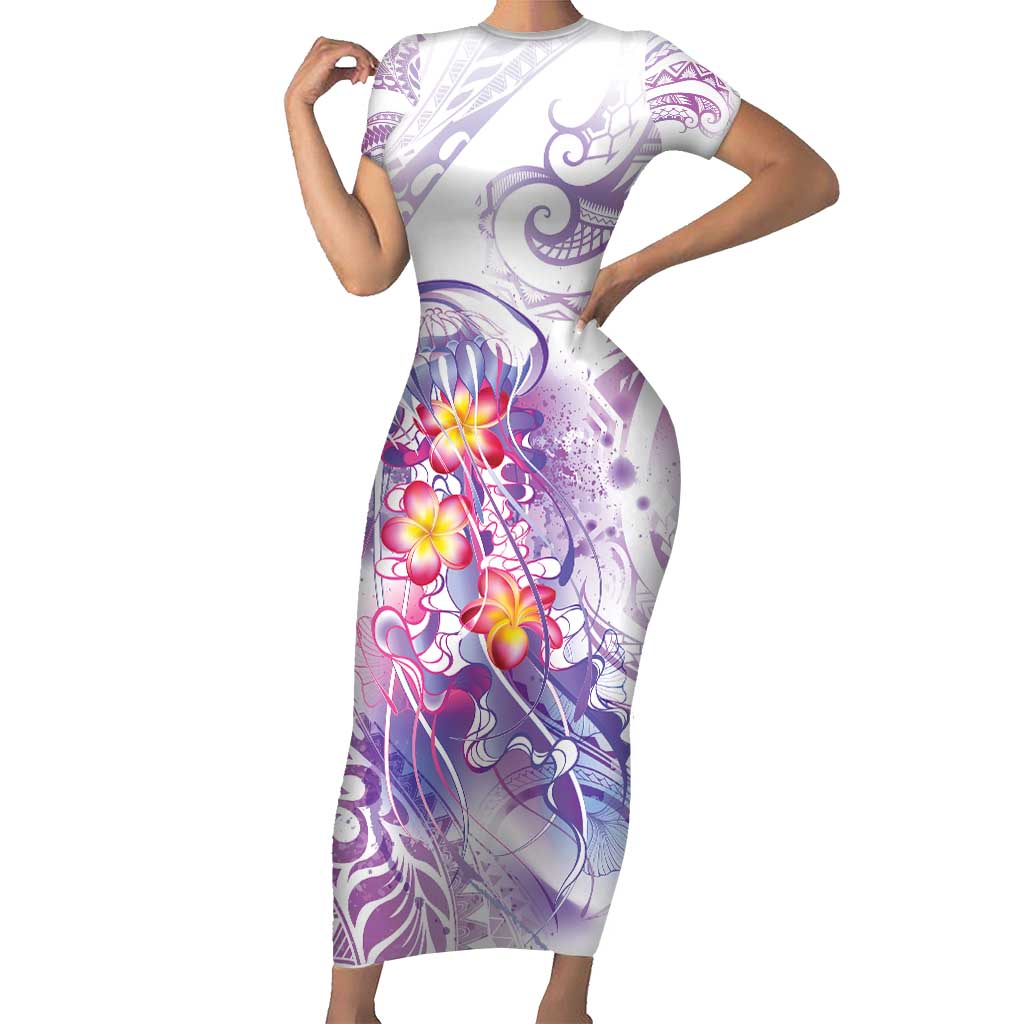 Lavender Polynesian Jellyfish Short Sleeve Bodycon Dress Watercolor Glows - Polynesian Pride