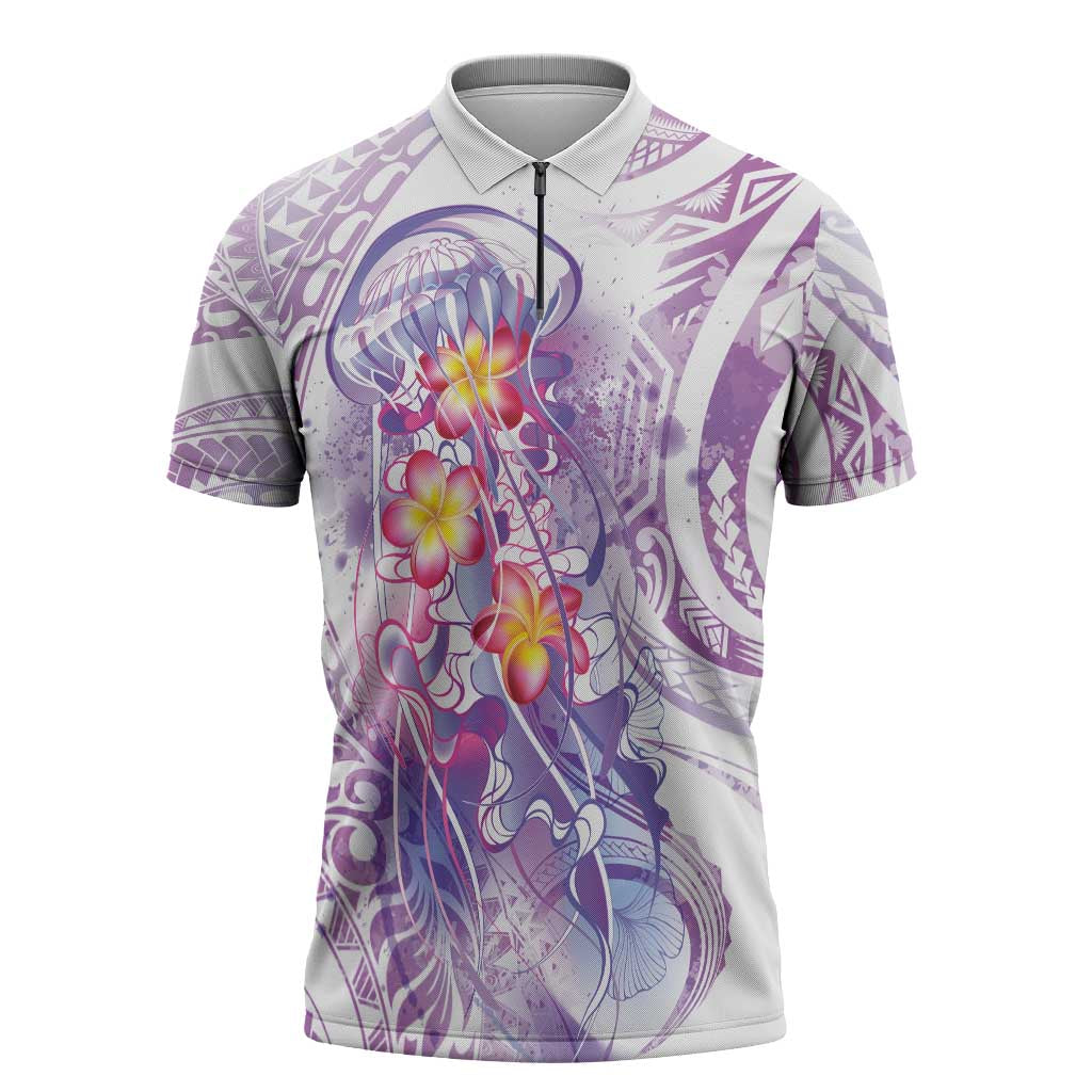 Lavender Polynesian Jellyfish Zipper Polo Shirt Watercolor Glows - Polynesian Pride