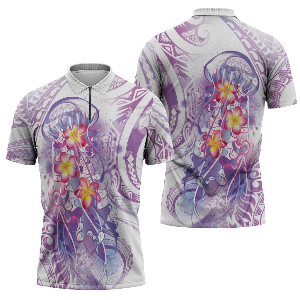 Lavender Polynesian Jellyfish Zipper Polo Shirt Watercolor Glows - Polynesian Pride