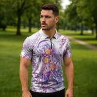 Lavender Polynesian Jellyfish Zipper Polo Shirt Watercolor Glows - Polynesian Pride