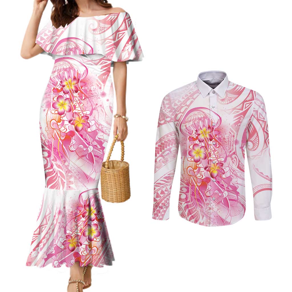 Rose Pink Polynesian Jellyfish Couples Matching Mermaid Dress and Long Sleeve Button Shirt Watercolor Glows - Polynesian Pride