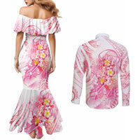 Rose Pink Polynesian Jellyfish Couples Matching Mermaid Dress and Long Sleeve Button Shirt Watercolor Glows - Polynesian Pride
