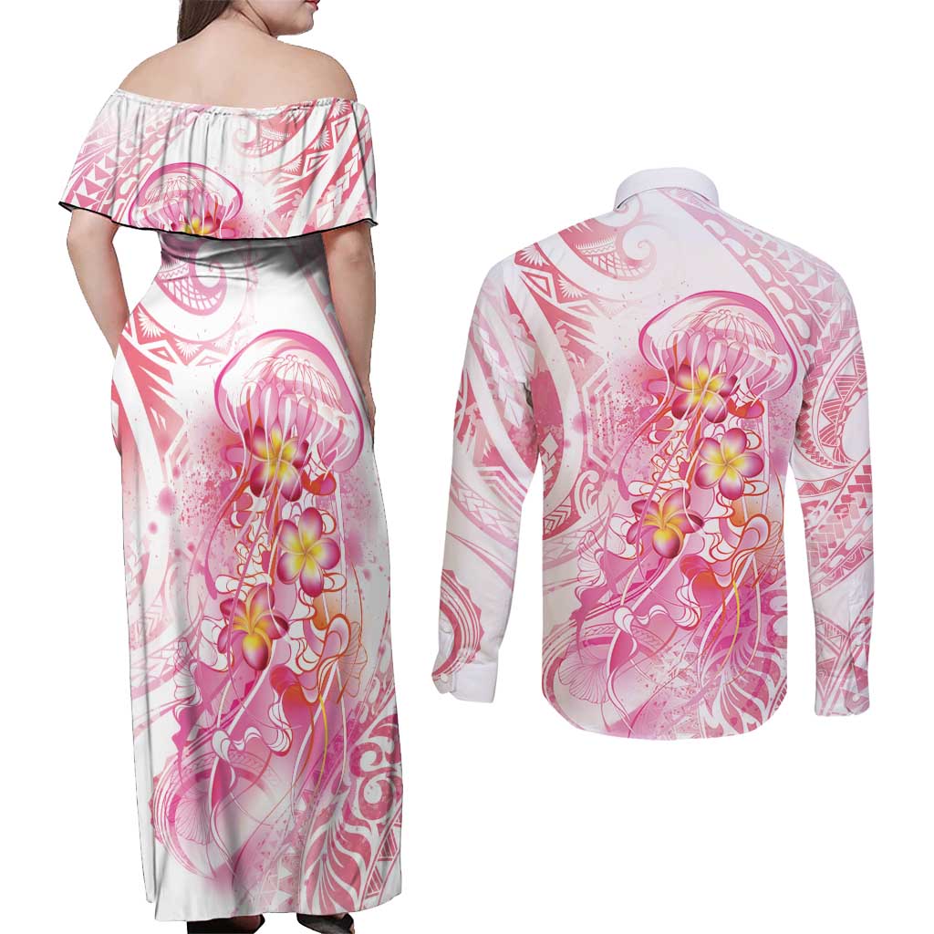 Rose Pink Polynesian Jellyfish Couples Matching Off Shoulder Maxi Dress and Long Sleeve Button Shirt Watercolor Glows - Polynesian Pride