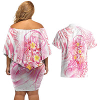 Rose Pink Polynesian Jellyfish Couples Matching Off Shoulder Short Dress and Hawaiian Shirt Watercolor Glows - Polynesian Pride