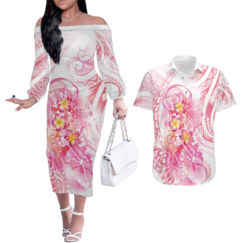 Rose Pink Polynesian Jellyfish Couples Matching Off The Shoulder Long Sleeve Dress and Hawaiian Shirt Watercolor Glows - Polynesian Pride