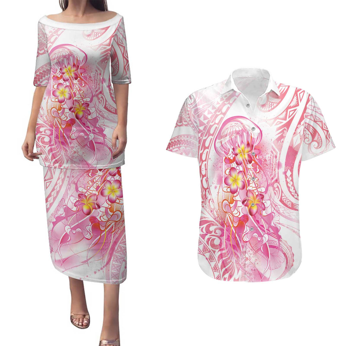 Rose Pink Polynesian Jellyfish Couples Matching Puletasi and Hawaiian Shirt Watercolor Glows - Polynesian Pride
