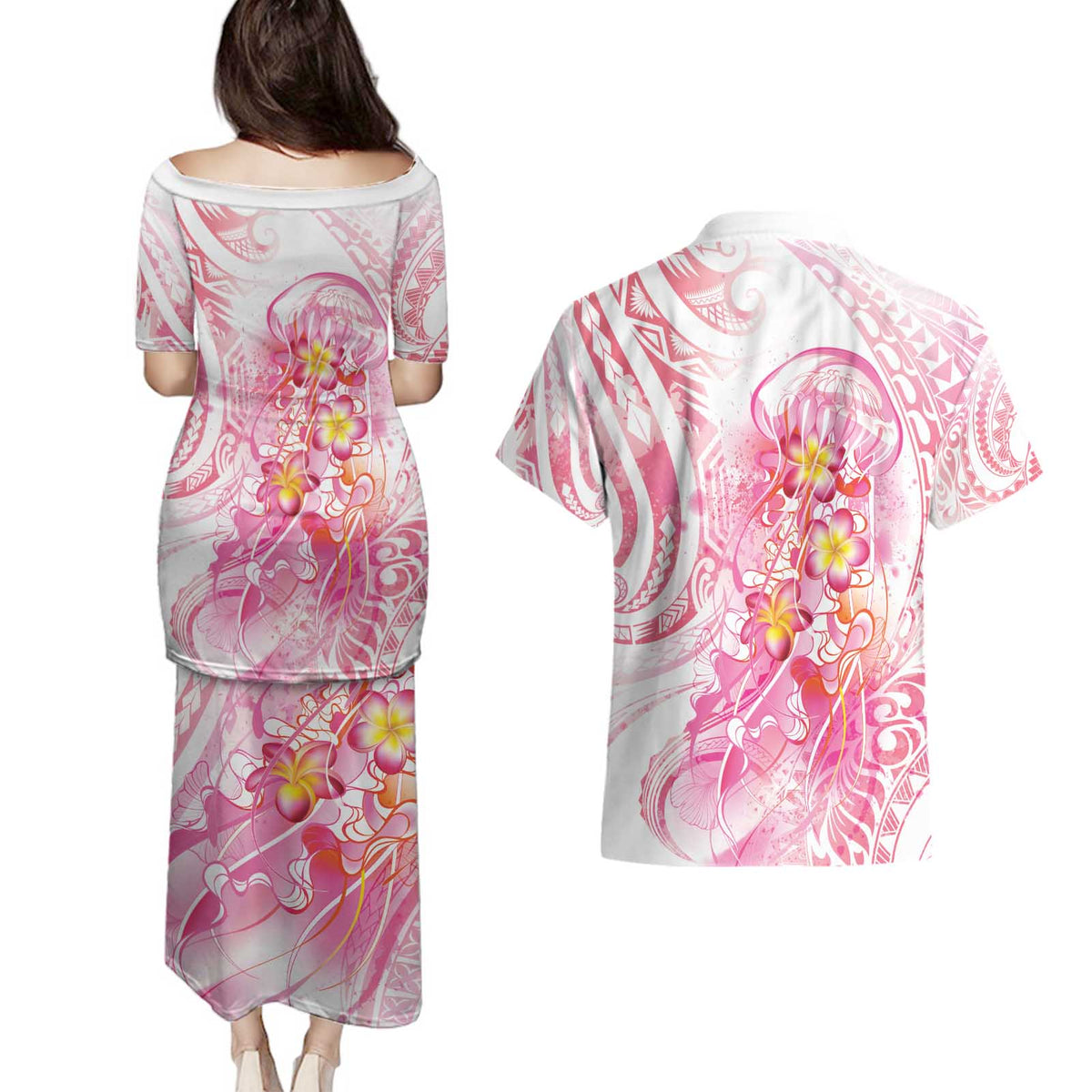 Rose Pink Polynesian Jellyfish Couples Matching Puletasi and Hawaiian Shirt Watercolor Glows - Polynesian Pride