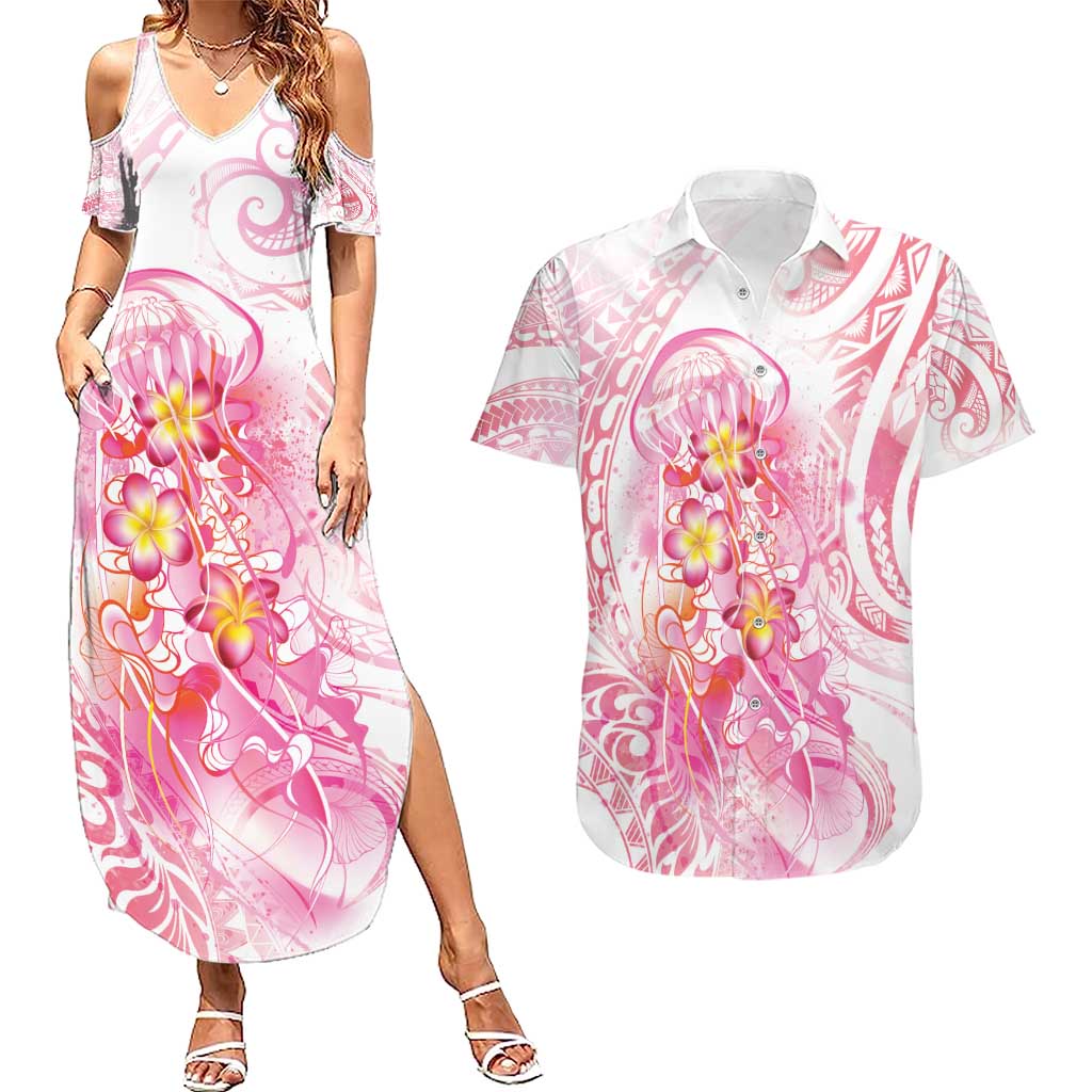 Rose Pink Polynesian Jellyfish Couples Matching Summer Maxi Dress and Hawaiian Shirt Watercolor Glows - Polynesian Pride