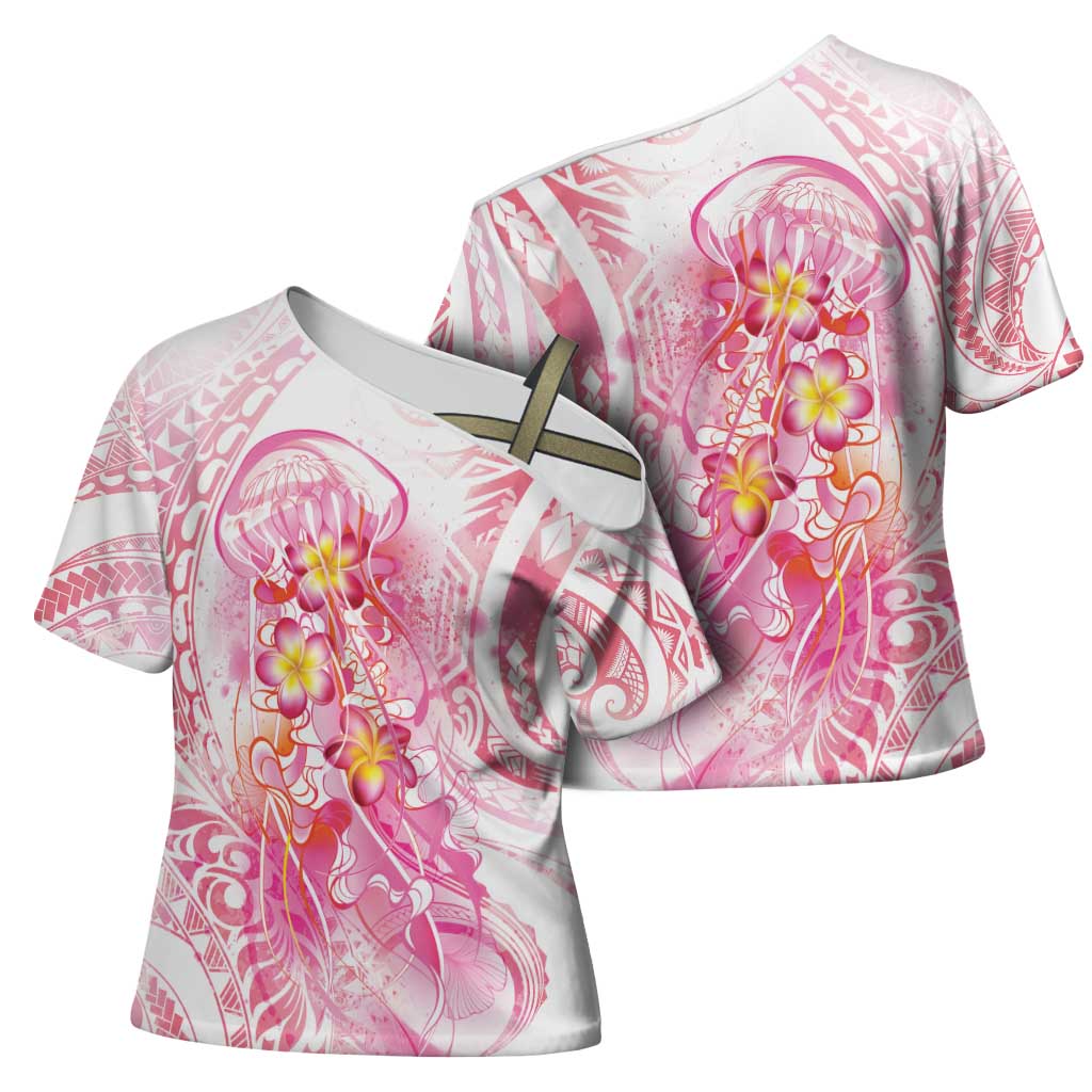 Rose Pink Polynesian Jellyfish Cross Shoulder Shirt Watercolor Glows - Polynesian Pride