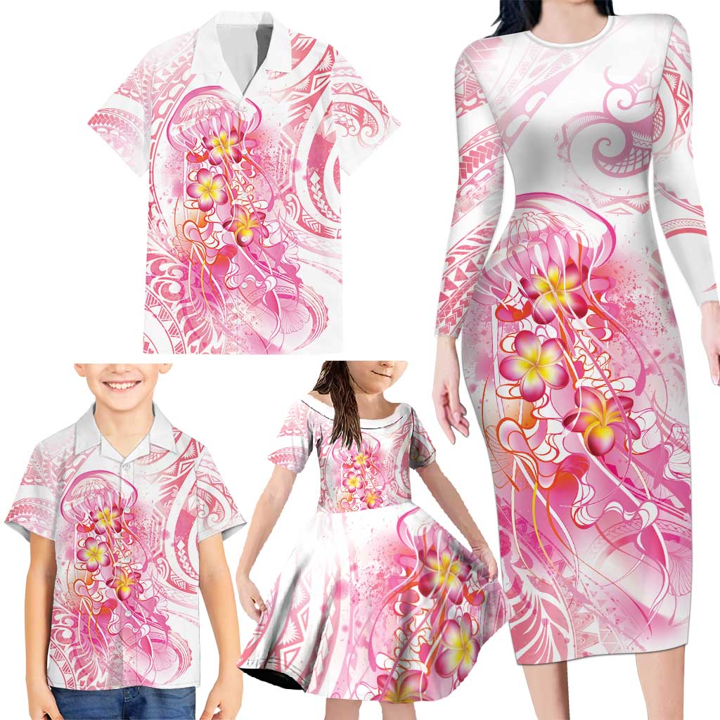 Rose Pink Polynesian Jellyfish Family Matching Long Sleeve Bodycon Dress and Hawaiian Shirt Watercolor Glows - Polynesian Pride