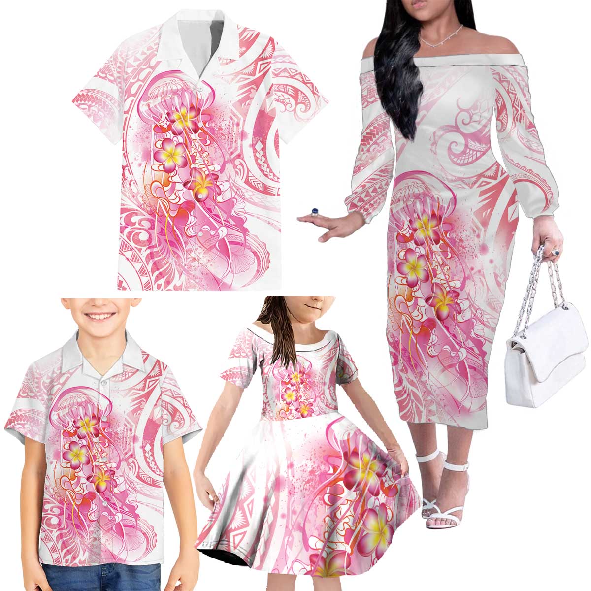 Rose Pink Polynesian Jellyfish Family Matching Off The Shoulder Long Sleeve Dress and Hawaiian Shirt Watercolor Glows - Polynesian Pride