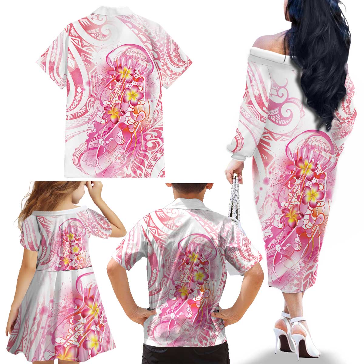 Rose Pink Polynesian Jellyfish Family Matching Off The Shoulder Long Sleeve Dress and Hawaiian Shirt Watercolor Glows - Polynesian Pride