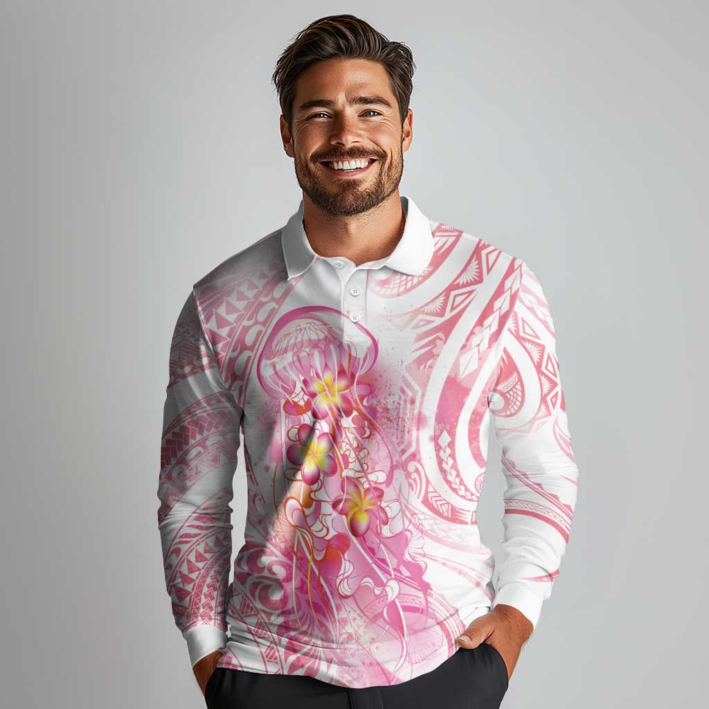 Rose Pink Polynesian Jellyfish Long Sleeve Polo Shirt Watercolor Glows - Polynesian Pride