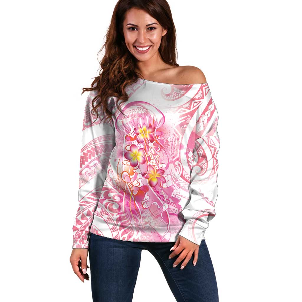 Rose Pink Polynesian Jellyfish Off Shoulder Sweater Watercolor Glows - Polynesian Pride