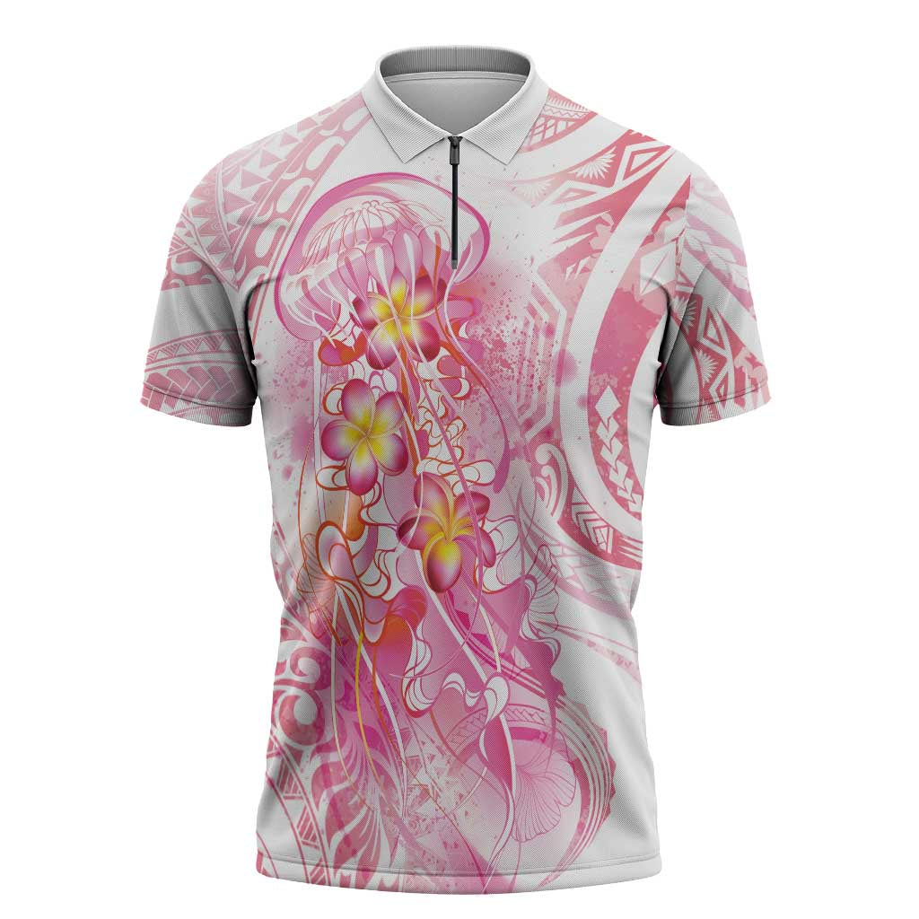 Rose Pink Polynesian Jellyfish Zipper Polo Shirt Watercolor Glows - Polynesian Pride