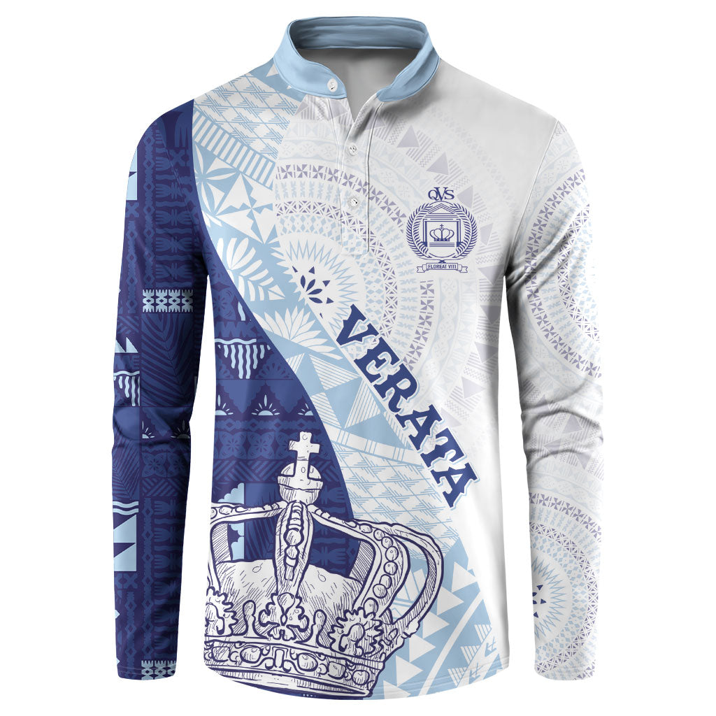 Queen Victoria School Fiji Vulinitu Verata House Button Sweatshirt Masi Tapa LT7 Blue - Polynesian Pride